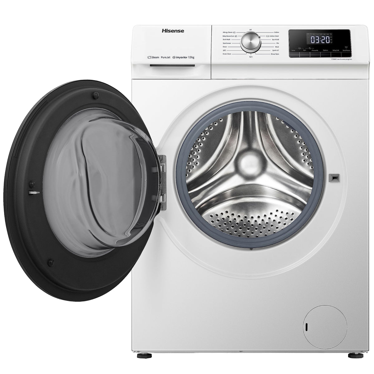 Freestanding Front Load Washing Machine – 12kg, Inverter Motor, 15 Programs, Quick & Steam Wash, 1400 RPM, White, Energy Class A
